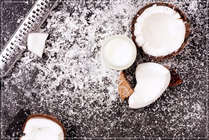 pieces of coconut with milk and oil